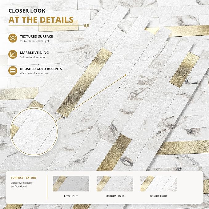 StyloVue 20 Sheets Peel and Stick Backsplash for Kitchen, Volakas White Marble Look with Gold Metal, Stick on Tile for Kitchen Backsplash, RV, Fireplace - Image 6