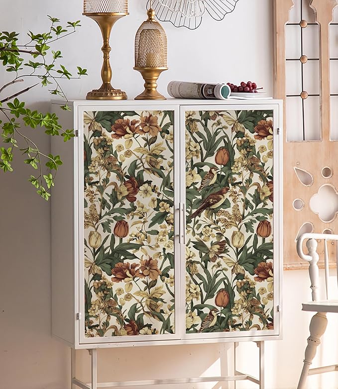 Erfoni Floral Birds Wallpaper Vintage Floral Peel and Stick Wallpaper Beige | 17.3" x118" Decoration DIY Self Adhesive Contact Paper Removable Wallpaper for Bedroom Cabinets Covering Boho Flower Leaf - Image 6