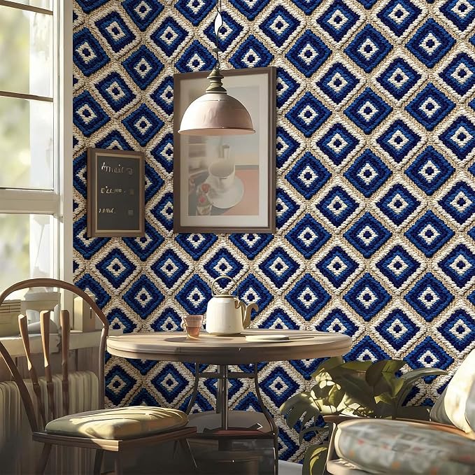 Stickorama Boho Tufted Textured Geometric Fabric Peel and Stick Wallpaper Self Adhesive 17.72" x 236.21'' Navy Blue Rhombus Wall Paper Renter Friendly Removable Waterproof for Living Room Bedroom - Image 2