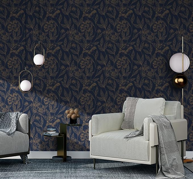 Timeet Peel and Stick Wallpaper Gold and Blue Floral Wall Paper for Bedroom Removable Self Adhesive Elegant Contact Paper Decor 17.7In × 78.7In - Image 6