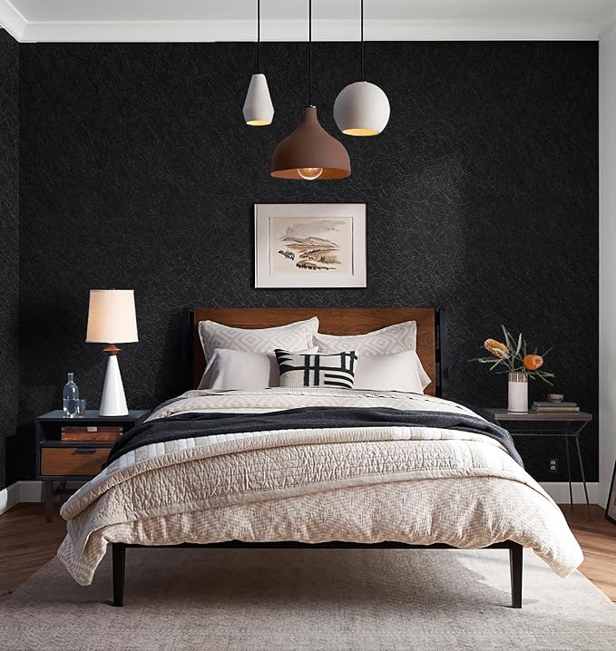 Safiyya 17.3 inch X 393 inch Peel and Stick Wallpaper Black Silk Textured Wallpaper Modern Solid Color Wall Paper Removable Contact Paper for Walls Vinyl Rolls - Image 4