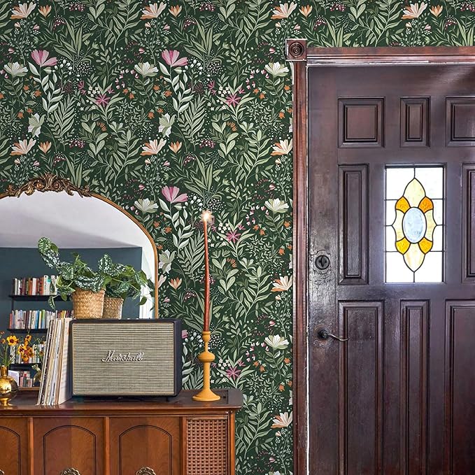 Fititem Green Floral Peel and Stick Wallpaper Boho Dark Vintage 17.3”×787” | Floral Self Adhesive Contact Paper Botanical Nature Removable Wildflower Wallpaper Waterproof Wallpaper for Bathroom Bedroom - Image 6