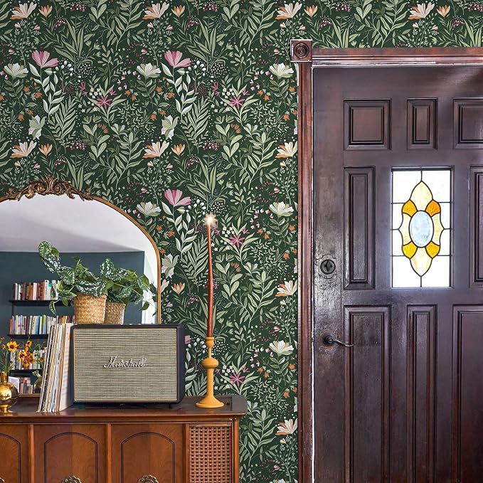 Fititem Green Floral Peel and Stick Wallpaper Boho Dark Vintage 17.3”×591” | Floral Self Adhesive Contact Paper Botanical Nature Removable Wildflower Wallpaper Waterproof Wallpaper for Bathroom Bedroom - Image 4
