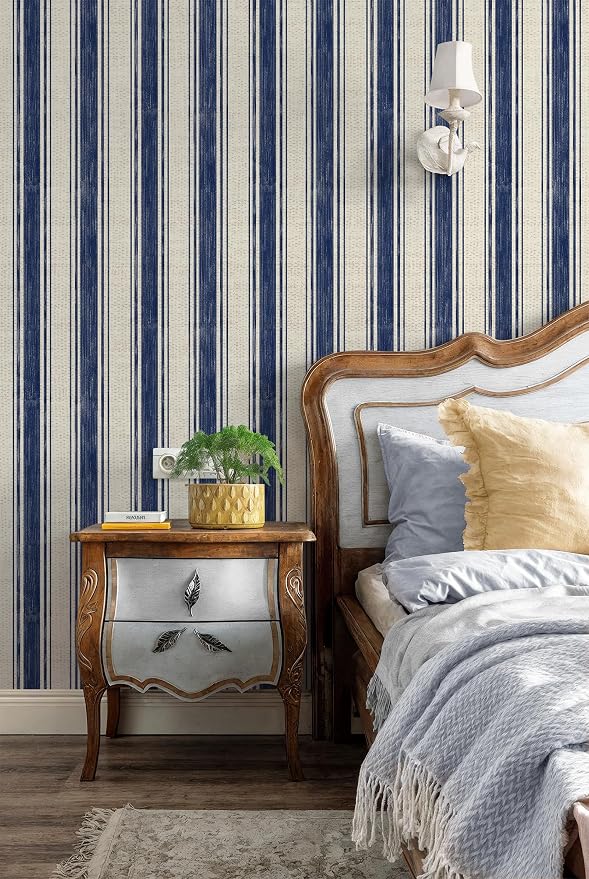 Safiyya Wallpaper Peel and Stick Blue and Cream White Hand-Painted Striped Contact Paper Vintage Wall Paper Self Adhesive Removable Wallpaper for Bedroom Bathroom Vinyl 17.3"×78.7" - Image 2