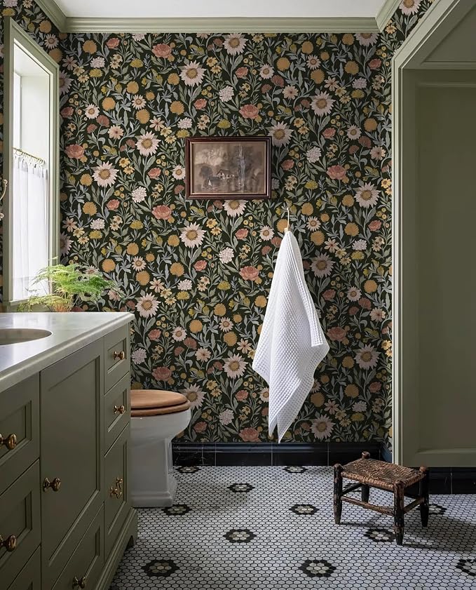 Dimoon Vintage Peel and Stick Wallpaper Boho Dark Floral Contact Paper 17.3''x78.7'' Retro Rustic Pink Removable Wall Paper Renter Friendly Texture Black Wallpaper for Bedroom Bathroom Cabinets Vinyl - Image 9