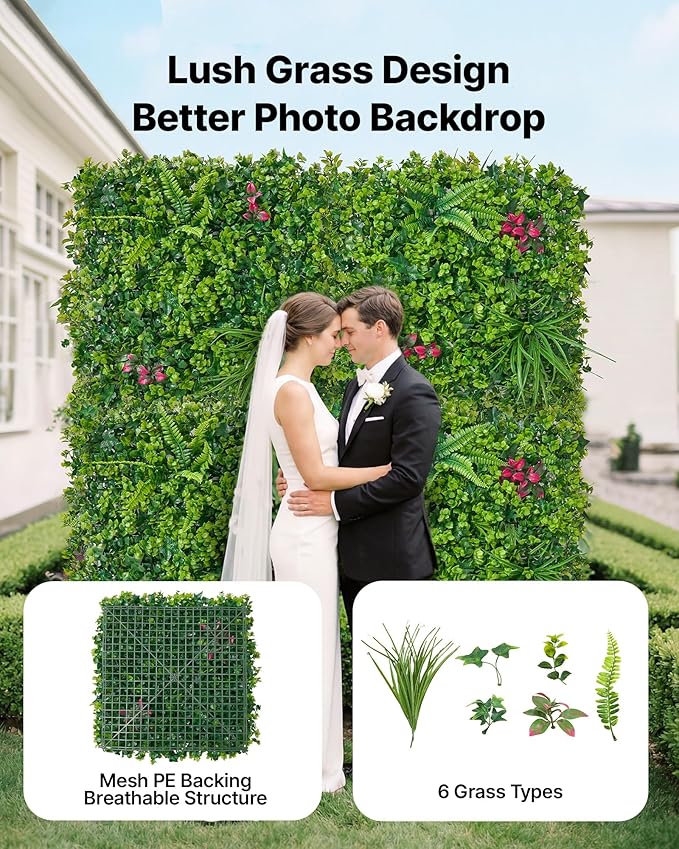 VEVOR Artificial Plant Wall, 16PCS 20 x 20 in Artificial Boxwood Panels, Greenery Backdrop Privacy Hedge Fence with Sun Protection, Fake Grass Wall Screen for Wedding, Indoor, Outdoor GardenMixed Leaf - Image 2