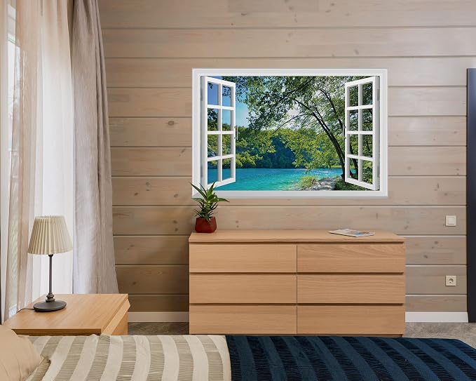 FLFK Fake Window Wall Mural - Lakes in The Jungle Faux Window Wall Sticker for Wall Decor, Stick and Peel Wall Decals,48"x32",Set of 2 Sheets - Image 3