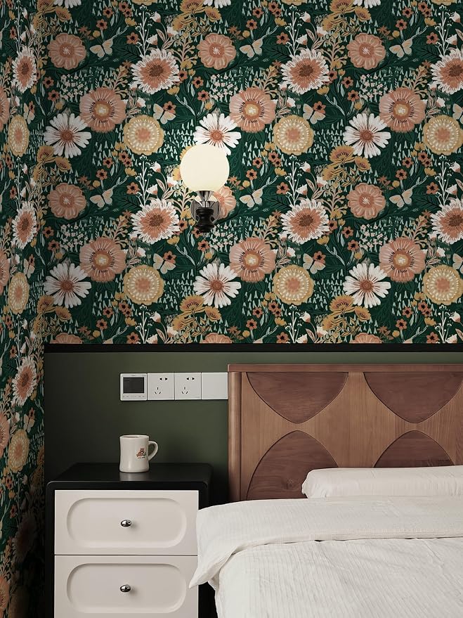Dimoon Boho Retro Dark Green Wallpaper Peel and Stick Wallpaper Vintage Floral Contact Paper 17.3''x78.7'' Bohemian Removable Wall Paper Renter Friendly Waterproof Wall Mural Bedroom Bathroom Vinyl - Image 4