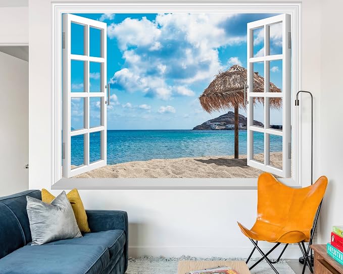 FLFK Fake Window Wall Mural - Ocean Beach Faux Window Wall Decal for Wall Decor, Peel and Stick Wall Sticker,80"x60",Set of 5 Sheets - Image 4