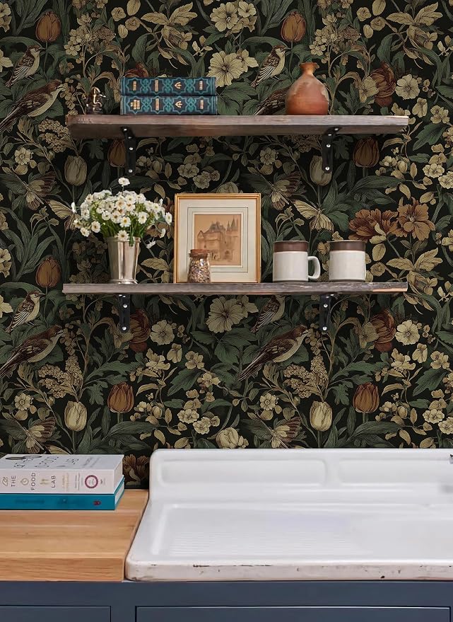 Erfoni Retro Floral and Bird Contact Paper Vintage Peel and Stick Wallpaper | 17.3" x197" Bedroom Decorative Self Adhesive Wallpaper Boho Floral Leaf Removable Wallpaper for Accent Wall Covering - Image 7