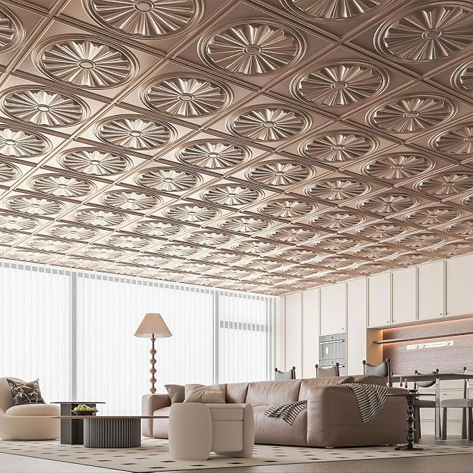 Art3dwallpanels Ceiling Tiles, 24 x 24 Inch, Rose Gold, 12 Pack | Drop Ceiling Tiles, High Grade PVC, 3D Wall Panels for Interior Wall Decor, Fire Rated, Waterproof, Light Weight - Image 7