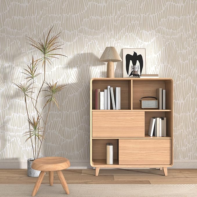 Theper Beige Peel and Stick Wallpaper Boho Contact Paper 17.3"×590" | Modern Striped Wallpaper Self Adhesive Removable Wall Paper for Bedroom Waterproof Wallpapers White and Gold Vinyl - Image 2