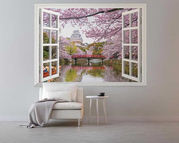FLFK Fake Window Wall Mural - Cherry Blossom Faux Window Wall Decal for Wall Decor, Peel and Stick Wall Sticker,80"x60",Set of 5 Sheets - Image 5