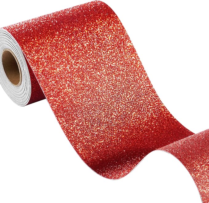 FunStick Ruby Red Glitter Wallpaper Border Self Adhesive Sparkle Red Wall Borders Peel and Stick Red Glitter Contact Paper Decorative Removable Fabric Wallpaper for Bedroom Living Room Craft 3.9"x200" by FunStick
