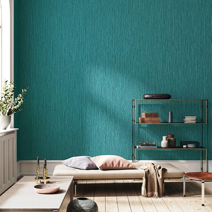 Haimin Grasscloth Wallpaper Textured 24inx393in Fabric Contact Paper | Green Wall Paper Textured Linen Wallpaper Peel and Stick Self-Adhesive Teal Thick Vinyl Embossed Film (Green) - Image 2