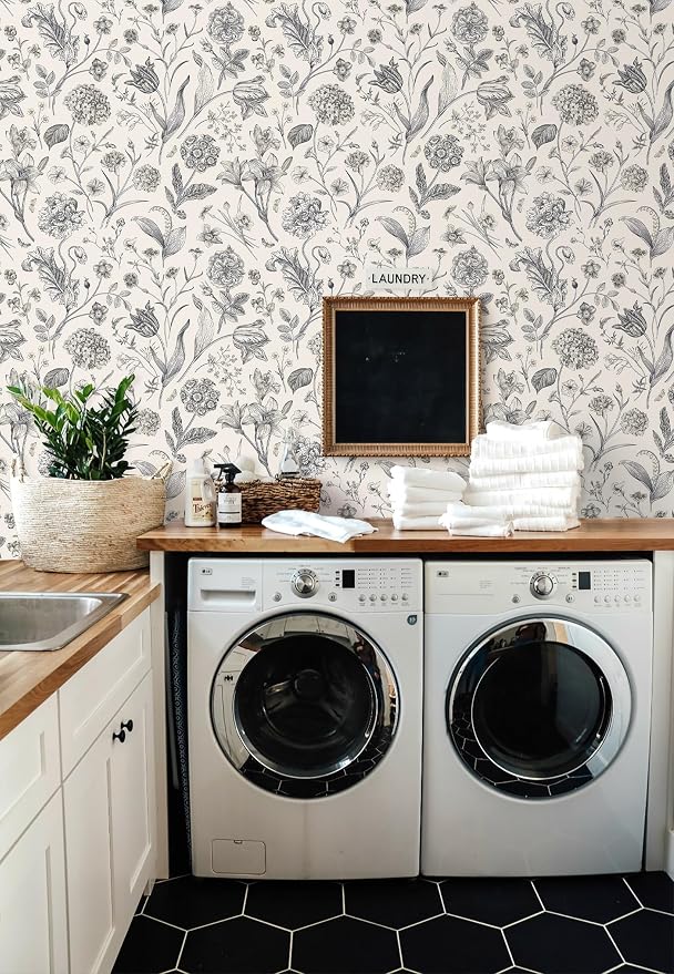 Beige and Black Floral Peel and Stick Wallpaper Floral 17in x 393in | Botanical Wallpaper Vintage Contact Paper Black Flower Removable Wall Paper for Bathroom Bedroom Boho Self Adhesive Vinyl - Image 2