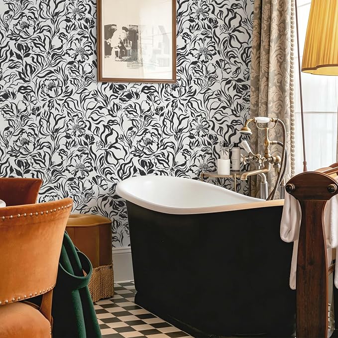 Ismoon Black and White Wallpaper Peel and Stick Floral Contact Paper 17.3in x 32.8ft Peony Flower Modern Striped Abstract Wall Paper for Bathroom Bedroom Removable Vinyl Renter Friendly - Image 6