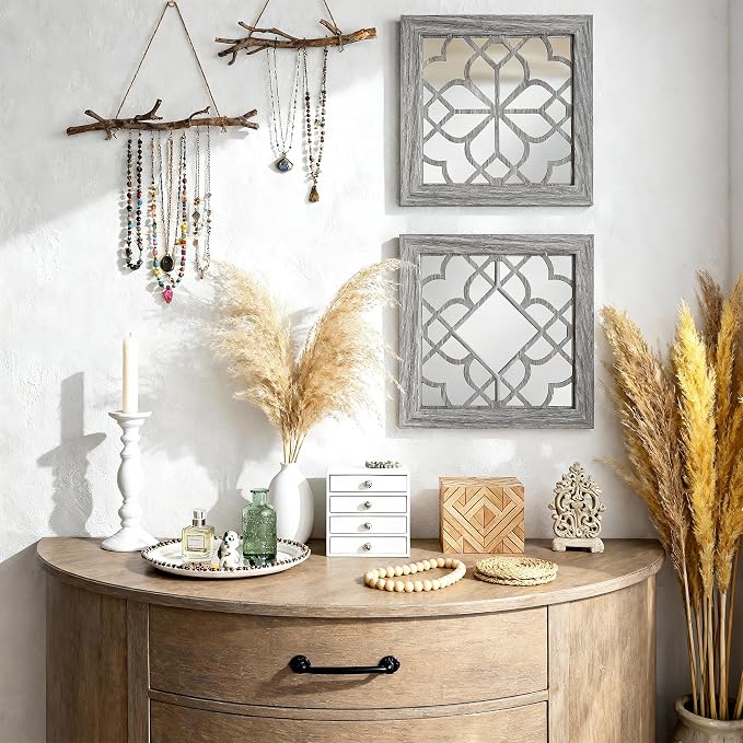Boho Wall Mirror Decor, Set of 2 Rustic Farmhouse Accent Mirrors 12x12 Inch, Square Acrylic Shatterproof Vintage Style Mirror for Wall, Small Decorative Mirrors for Living Room, Bedroom, Brown - Image 2