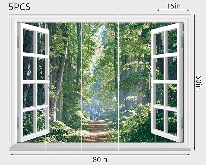 FLFK Fake Window Wall Mural - Road in The Forest Faux Window Wall Decal for Wall Decor, Peel and Stick Wall Sticker,80"x60",Set of 5 Sheets - Image 2