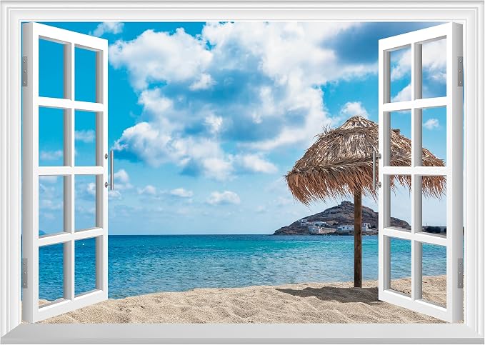 FLFK Fake Window Wall Mural - Ocean Beach Faux Window Wall Decal for Wall Decor, Peel and Stick Wall Sticker,80"x60",Set of 5 Sheets by FLFK