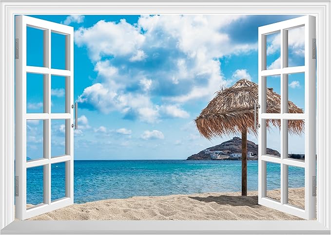 FLFK Fake Window Wall Mural - Ocean Beach Faux Window Wall Sticker for Wall Decor, Peel and Stick Wall Decals,48"x32",Set of 2 Sheets by FLFK