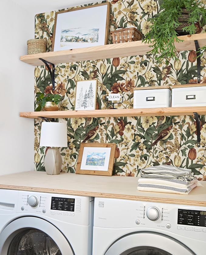 Erfoni Bird Floral Peel and Stick Wallpaper Vintage Contact Paper for Walls | 17.3" x 394" Boho Floral and Leaf Self Adhesive Wallpaper Retro DIY Removable Wallpaper for Livingroom Decor Vinyl Roll Beige - Image 6