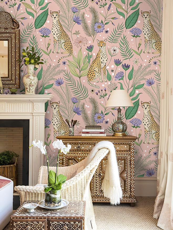 Floralplus Pink Leopard Wallpaper Floral Peel and Stick Wallpaper | Renter Friendly Removable Jungle Animal Wallpapers for Bedroom Stick On Floral Contact Paper for Nursery 17.5 x 118 in - Image 2