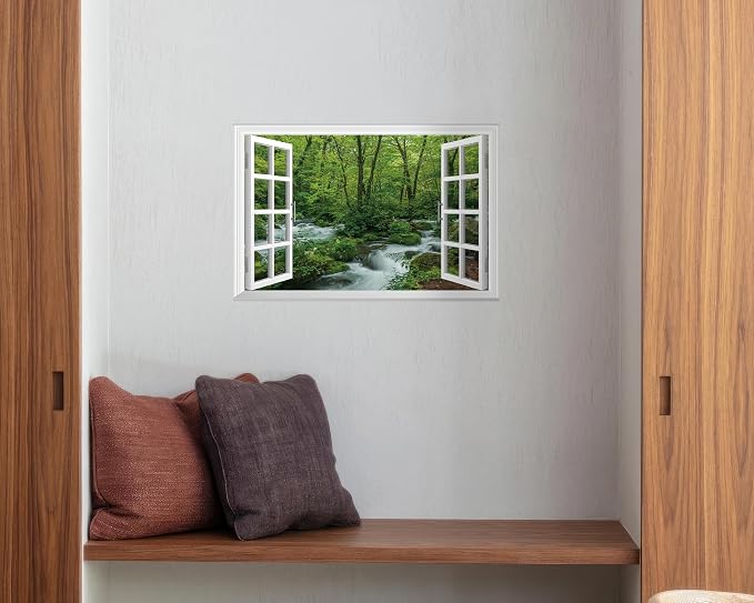 FLFK Fake Window Wall Sticker - Streams in The Jungle Faux Window Wall Mural for Wall Decor, Stick and Peel Wall Decals,24"x16" - Image 4