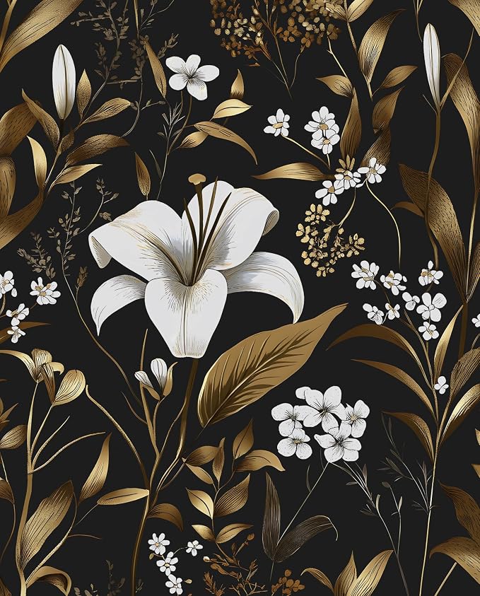 Laatse Vintage Dark Black Golden Floral Peel and Stick Wallpaper 17.5"x787" | Self Adhesive/Removable/Waterproof/Thick Vinyl Extra Long Contact Paper for Bathroom Bedroom Shelf Cabinet Drawer,Prepasted by Laatse