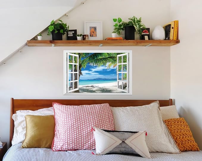 FLFK Fake Window Wall Sticker - Beach Palm Trees Faux Window Wall Mural for Wall Decor, Stick and Peel Wall Decals,24"x16" - Image 3