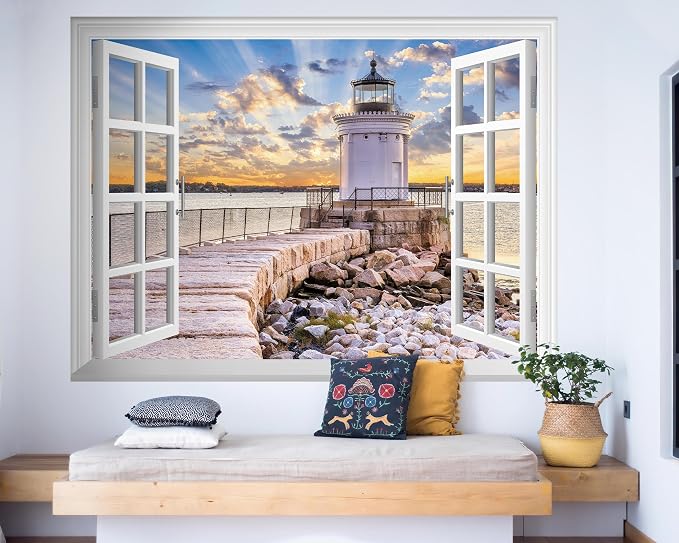 FLFK Fake Window Wall Mural - Shoreline Lighthouse Faux Window Wall Sticker for Wall Decor, Stick and Peel Wall Decals,80"x60",Set of 5 Sheets - Image 5