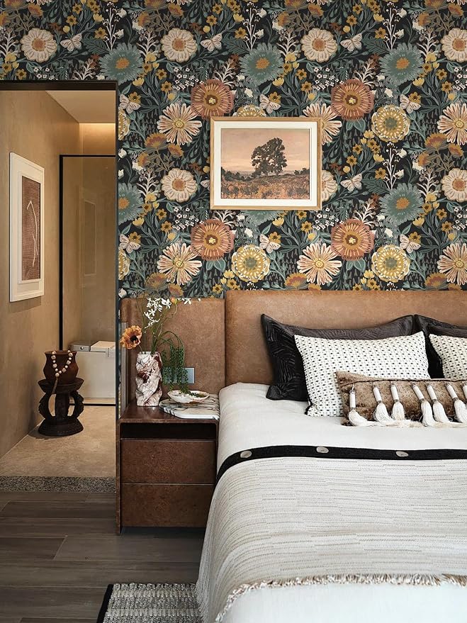 Dimoon Boho Retro Wallpaper Peel and Stick Wallpaper Vintage Floral Contact Paper 17.3''x78.7'' Dark Black Bohemian Removable Wall Paper Renter Friendly Waterproof Wall Mural Bedroom Bathroom Vinyl - Image 7