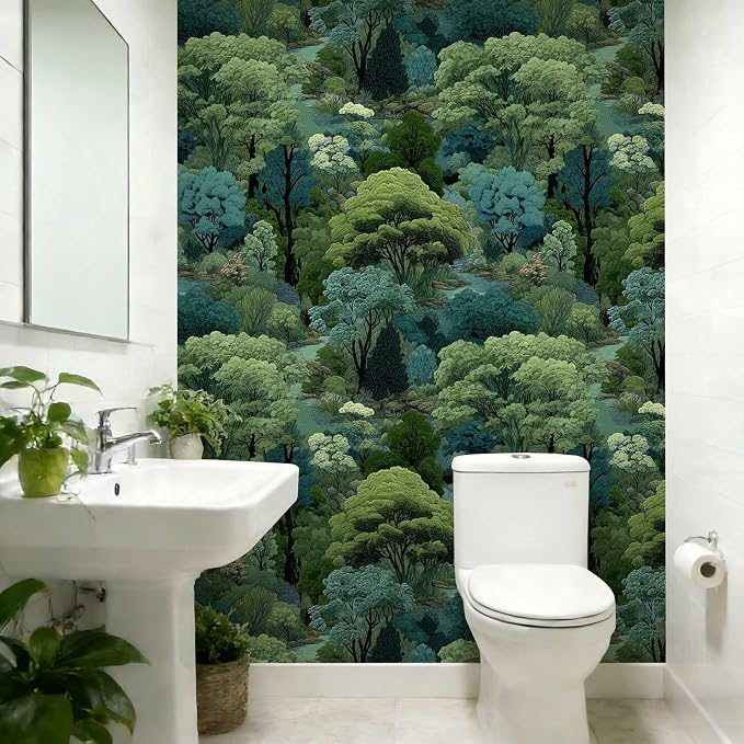 Serene Forest Stream Peel and Stick Wallpaper Forest | Green and Teal Art Deco Woodland Pattern Wallpaper for Home Decor | 17.7" x 118", Self-Adhesive, Waterproof Vinyl - Image 7