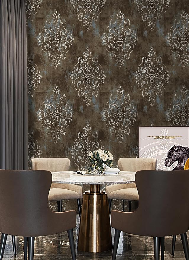 HAOKHOME Brown Wallpaper Peel and Stick Damask Vintage Victorian Bathroom | Textured Removable Retro Wall Paper Waterproof Beige Teal Traditional Victorian Farmhouse French for Bedroom 17.3in x 9.8ft - Image 4