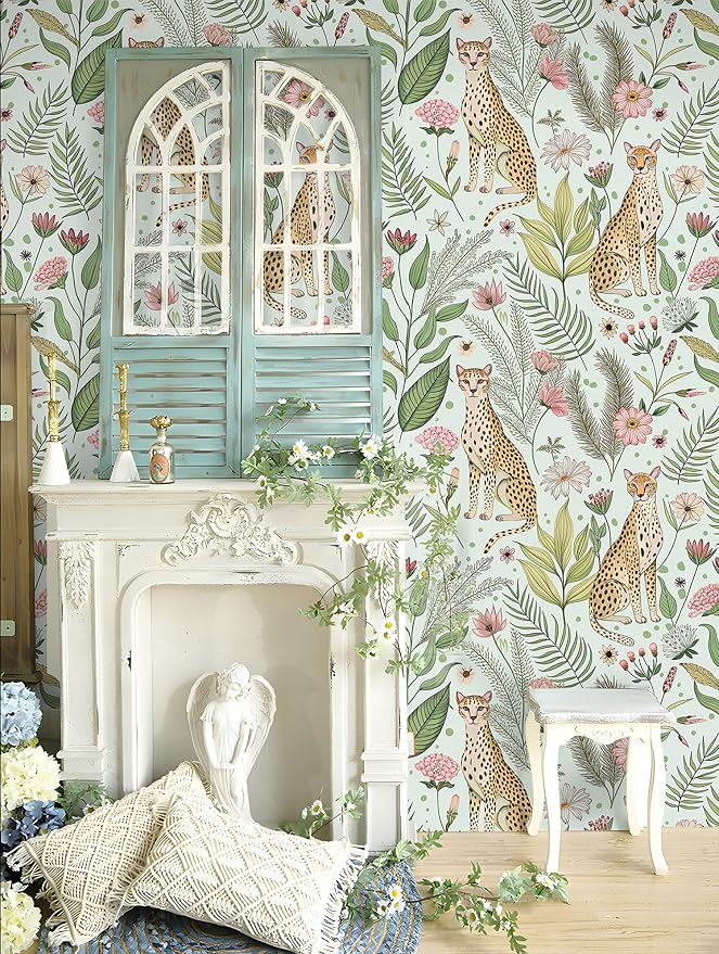 Floralplus Jungle Leopard Wallpaper Peel and Stick Wallpaper Removable Vintage Floral Wall Paper for Bathroom Renter Friendly Textured Stick On Vinyl Contact Paper Home Decor 17.5 x 393 in - Image 6