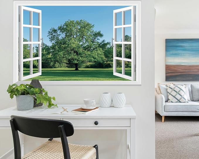 FLFK Fake Window Wall Mural - Grass and Trees Faux Window Wall Sticker for Wall Decor, Peel and Stick Wall Decals,48"x32",Set of 2 Sheets - Image 5