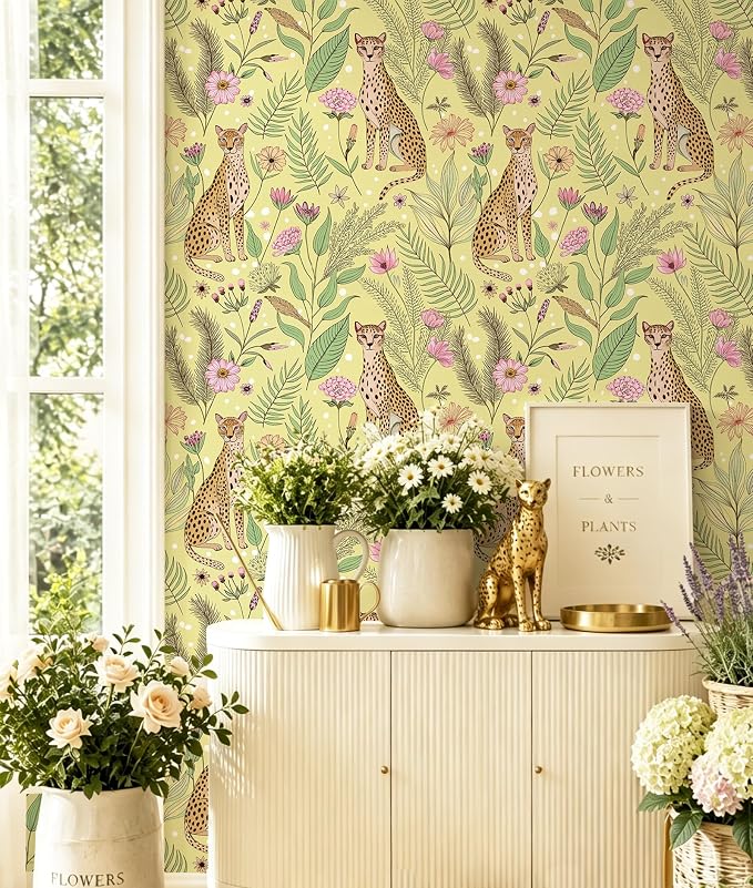 Floralplus Peel and Stick Wallpaper Floral Cheetah Wallpaper | Removable, Stick On, Renter Friendly Wallpaper, Boho Tropical Leopard Contact Paper for Living Room, 17.5 x 118 in - Image 3