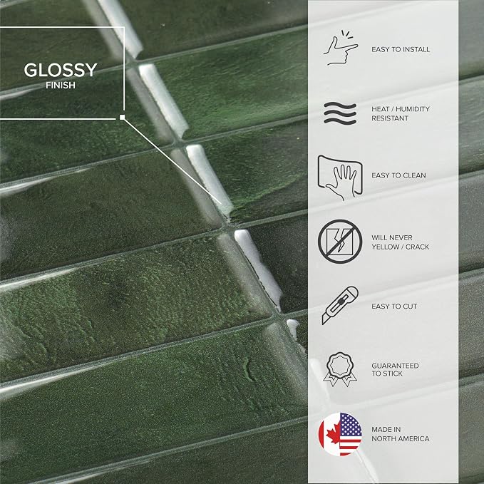Smart Tiles Peel and Stick backsplash, Stacked Forest Green, 11.43"x9" | Pack of 5 (3.5 sq ft), Glossy, Heat/Moisture Resistant, Low VOC, Kitchen/Bathroom, Renter Friendly, Made in Canada - Image 6