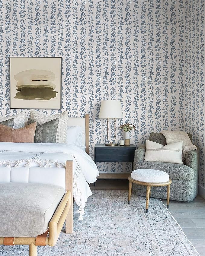 Heroad 17.3''x196'' Blue Wallpaper Vintage Peel and Stick Wallpaper Leaf Contact Paper Cottage Core Wall Paper Self Adhesive Removable Wallpaper for Bathroom Bedroom Kitchen Watercolor Decor Vinyl - Image 6
