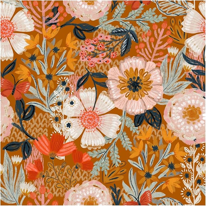 HAOKHOME Boho Wallpaper Peel and Stick Floral Retro Orange Pink Colorful | Botanical Textured Wall Paper Vintage Renter Friendly Removable Flower Bathroom Bedroom Nursery Accent Decor 17.3in x 9.8ft by HAOKHOME
