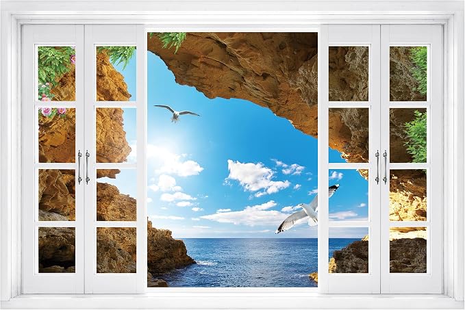 FLFK Fake Window Wall Decal - Seascape with Seagulls View Peel and Stick Mural, 24 x 16 inches by FLFK