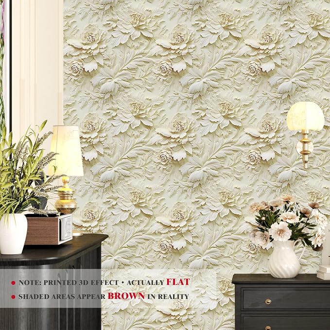 3D Embossed Wallpaper Peel and Stick Cream Floral Contact Paper | Nature Peony Flower Wallpaper Flat Printed Faux Sculpted Floral Sticker for Living Room Bedroom Bathroom Mural 17.5"x102" - Image 3