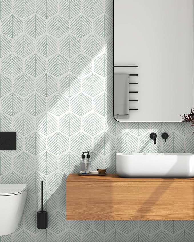 OSECAGE Modern Peel and Stick Wallpaper Boho Contact Paper 17.3''×276'' | Geometric Self Adhesive Wallpaper Removable White and Green Wall Paper Decorative for Bedroom Bathroom Cabinets Decor Vinyl - Image 2