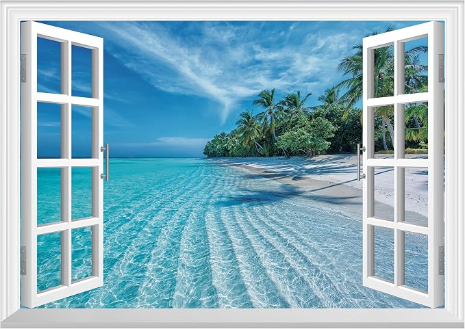 FLFK Fake Window Wall Mural - Summer Beach Faux Window Wall Sticker for Wall Decor, Peel and Stick Wall Decals,48"x32",Set of 2 Sheets by FLFK