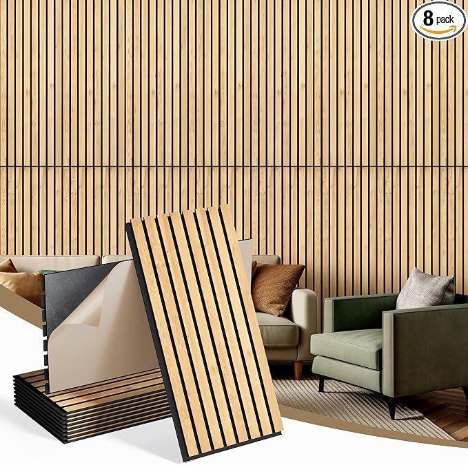 INMOZATA 8 Pack Peel and Stick Acoustic Wood Slat Wall Panels Nature Oak | 3D Fluted Textured, Soundproof Accent Wall Paneling for Interior Wall Decor Fireplace Living Room Bedroom Office, 11.8"x23.6" by INMOZATA