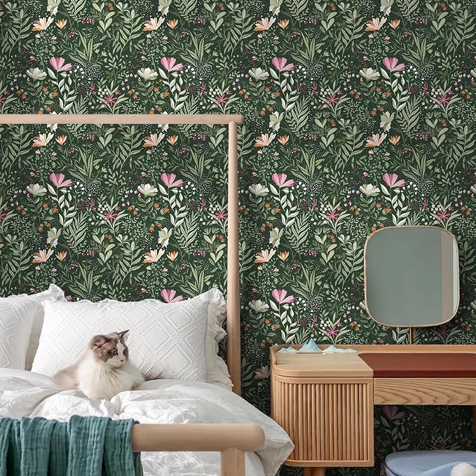 Fititem Green Floral Peel and Stick Wallpaper Boho Dark Vintage 17.3”×78.7” | Floral Self Adhesive Contact Paper Botanical Nature Removable Wildflower Wallpaper Waterproof Wallpaper for Bathroom Bedroom - Image 6