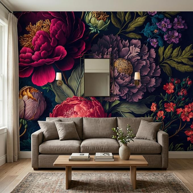 MFWFM Floral Peel and Stick Mural Wallpaper Dark Peony Botanical Wall Mural | 157"x110", for Bedroom Living Room Bathroom, Self Adhesive Canvas - Image 3