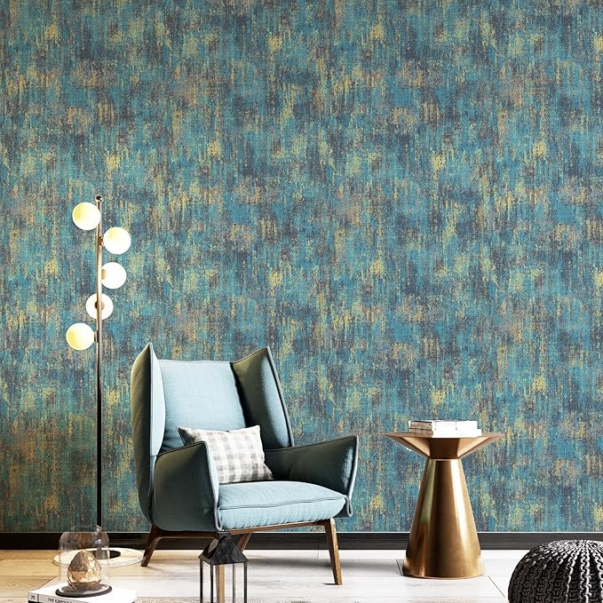 JiffDiff Vintage Metallic Peel and Stick Wallpaper Self Adhesive Industrial Metallic Concrete Wall Paper Modern Stick on Wallpaper(17.3" x 120" Blue Gold) - Image 3
