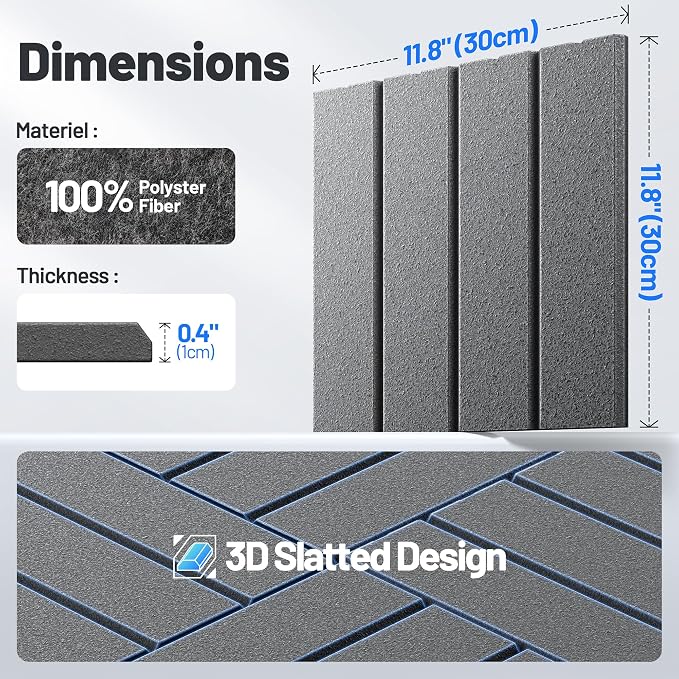 20 Pack Sound Proof Foam Panels for Walls, Acoustic Panels Self-Adhesive | 12" X 12" X 0.4" Slatted Soundproof Wall Panel, High Density Sound Absorbing Panel for Gaming Recording Studio Decor-Black - Image 7