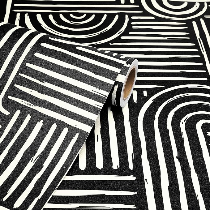 Livelynine Geometric Peel and Stick Wallpaper Black and White Modern Mid Century Geometric Abstract Wall Paper Contemporary Minimalist Lines 17.5x78.8 Geometric Pattern Contact Paper for Cabinets - Image 7